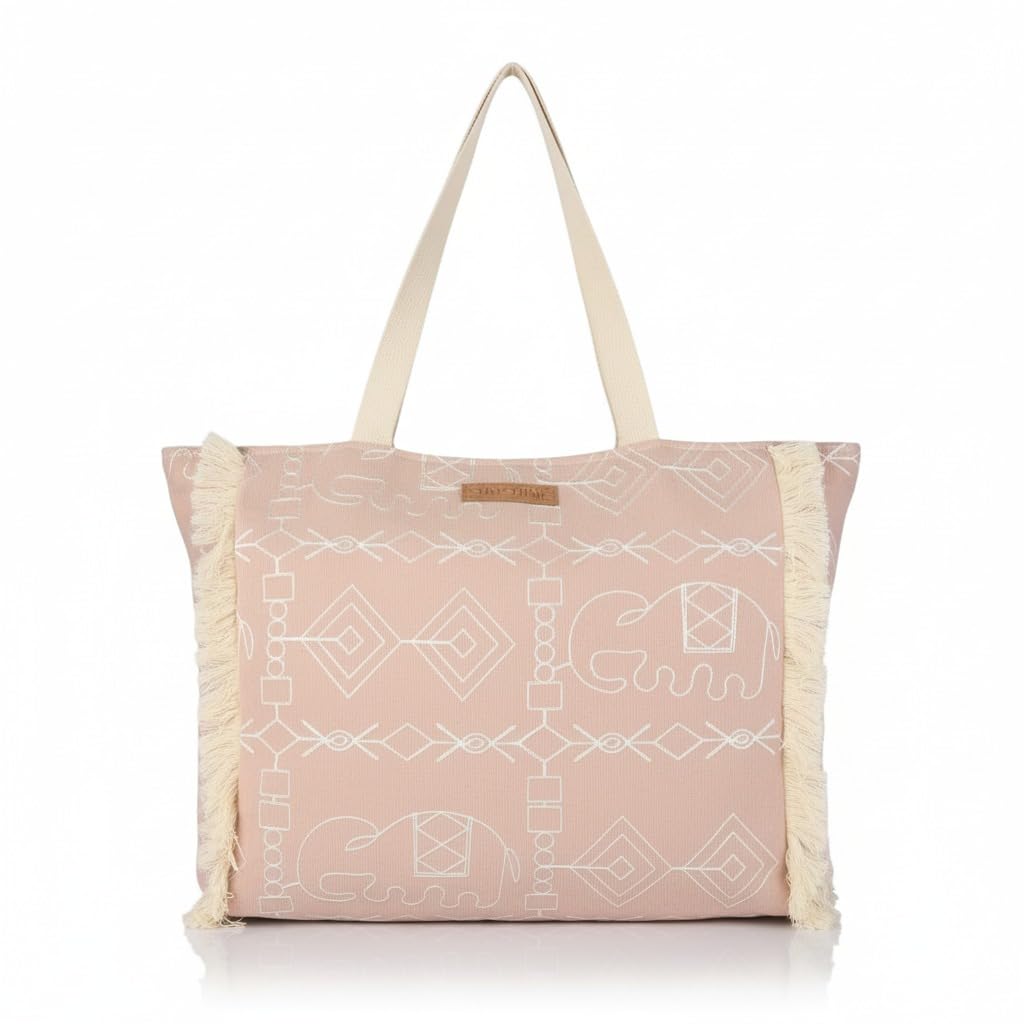 ENSAC Tote SUNSHINE Women’s Canvas Tote Bag Sage Green with White Elephant Print & Fringe Sides | Large Eco-Friendly Shoulder Bag for Shopping, Travel & College