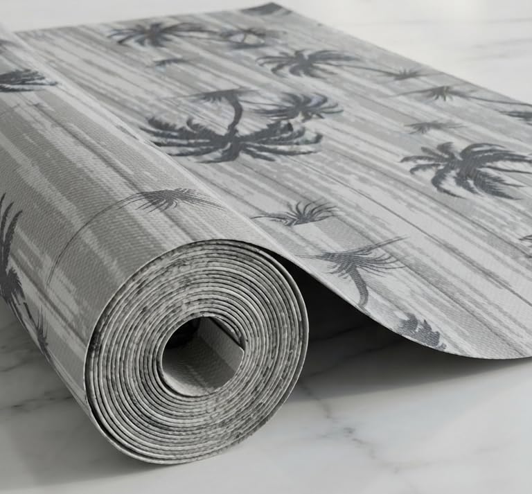 Dribble (45cm X 300cm) Eva Shelf Liner Mat Roll, Non Slip Drawer & Cabinet Liner for Kitchen, Waterproof Oilproof Washable Fridge Mat, Anti Skid Cupboard Wardrobe Multipurpose Mat (Palm Paradise Grey) Kafalo