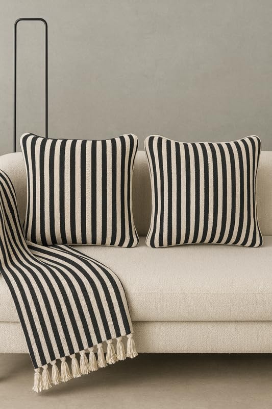 AWARD VELVETS - 100% Cotton - Black and White Stripes Cushion Covers Set of 2 (16 x 16 inches) - Cushion Covers for Sofa & Living Room Decor
