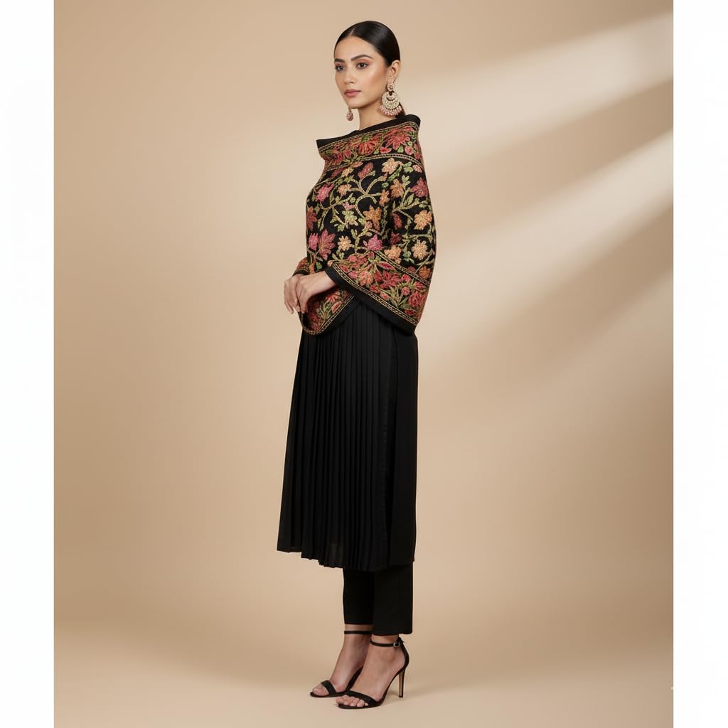 Matelco Women Black Multi-Color Floral Jaal Pashmina Shawl