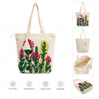 Embroidered Canvas Tote Bag, Cream, Floral Butterfly Design, Zipper Closure with Tassel