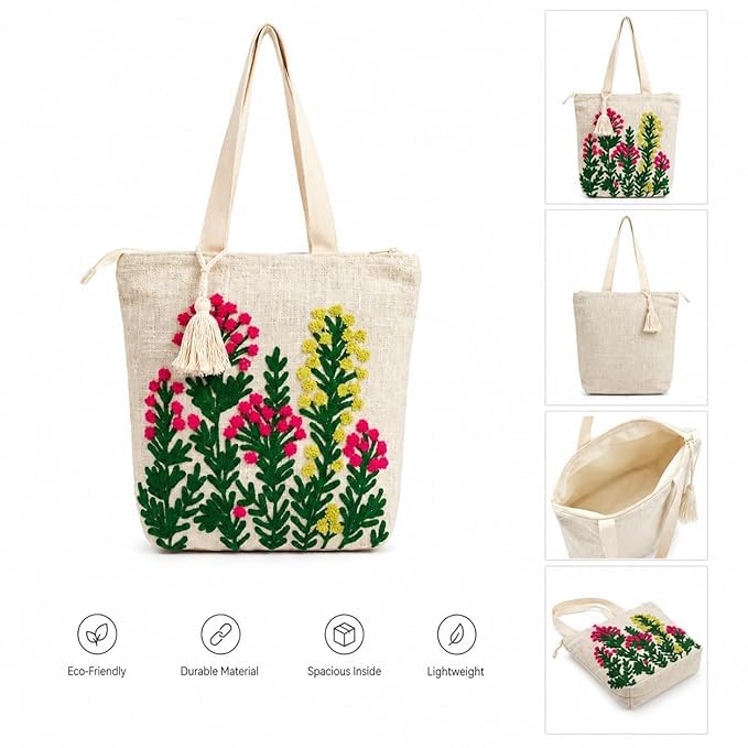 Embroidered Canvas Tote Bag, Cream, Floral Butterfly Design, Zipper Closure with Tassel