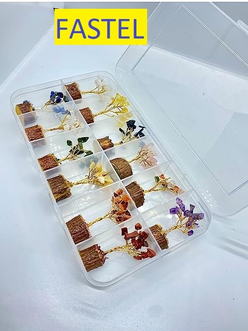 Fastel® Handcrafted Authentic Gemstone Tree Set of 12 Mini Natural Multi Crystal Tree for Reiki Healing Good Luck, Home Office Decor Gift with Golden Wire and 15 Beads Size (Small Size)