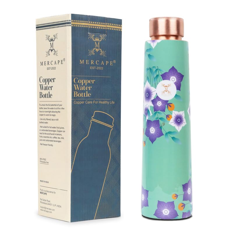 MERCAPE® Pure Copper Water Bottle 900ml | Jointless Design with Leak-Proof Cap | Floral Printed Copper Bottle for Home, Office, School, Travel & Gym | Durable Exterior Finish