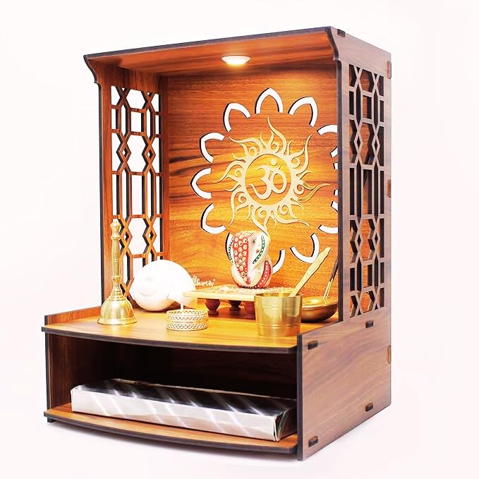 LET'S DIY Wooden Handcrafted Temple with OM Carving | Traditional Home Mandir for Home & Office (Pack of 1)