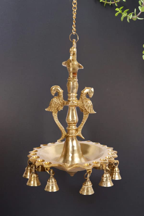 Artvarko™ Brass Bird Peacock with Double Parrot Traditional Wall Hanging Bell Diya with Chain Oil Lamp Diwali Puja Home Office Temple