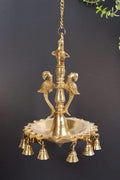 Artvarko™ Brass Bird Peacock with Double Parrot Traditional Wall Hanging Bell Diya with Chain Oil Lamp Diwali Puja Home Office Temple