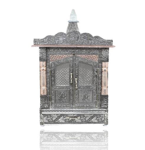 Handicrafts SGR Wooden Pooja Mandir for Home | Designer Temple with Aluminium & Copper Oxidised Finish | Decorative Dev Ghar for Prayer Room & Home Temple | 8 x 6 Inch (Silver & Bronze)