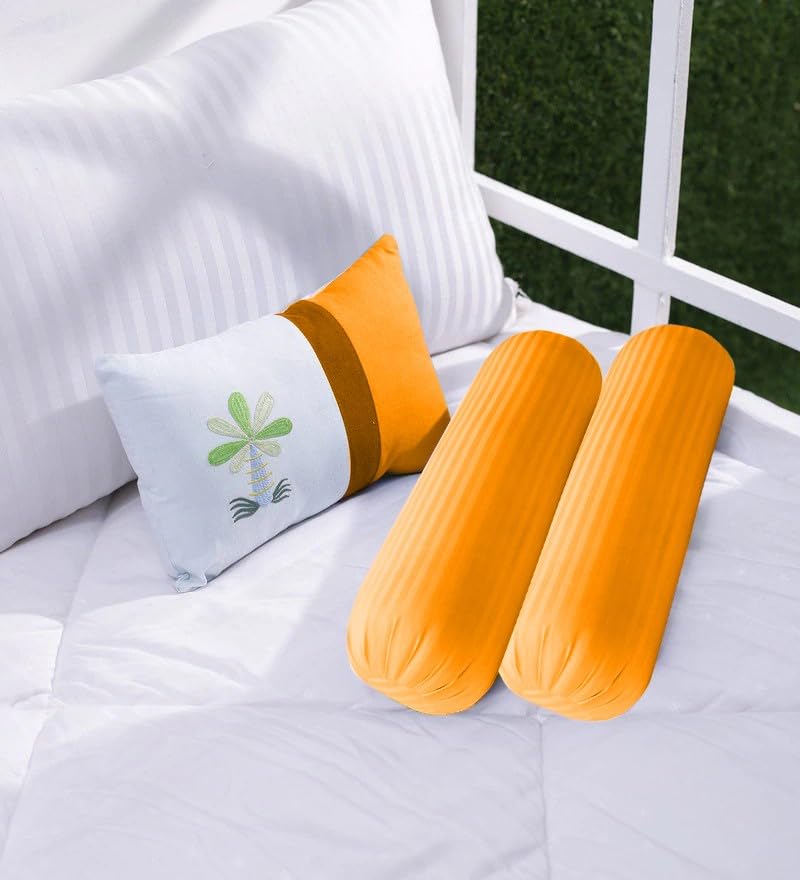 Trance Home Linen 100% Cotton 16X32 Inch 200TC Striped | Round Bed Side Long Bolster Pillow Cover to Fit 24 Length 9 Dia | Pack of 2 Bolster Cover Only (16X32 Inch, Mustard Yellow) 2 Pieces