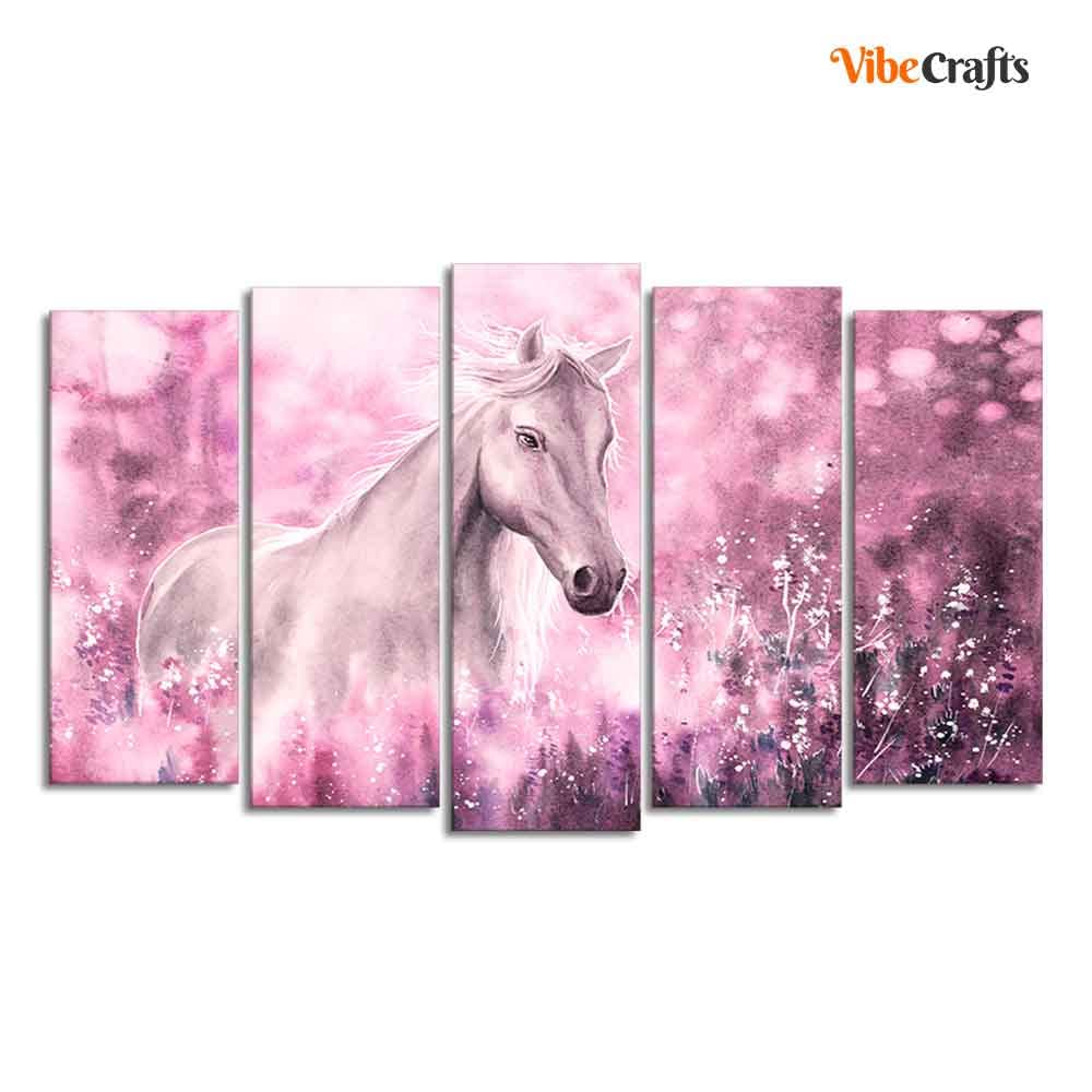 VIBECRAFTS Beautiful White Horse Premium Wall Painting of Five Pieces For Home|Office|Living Room|Gift (PTVC5Pcs2_6557)