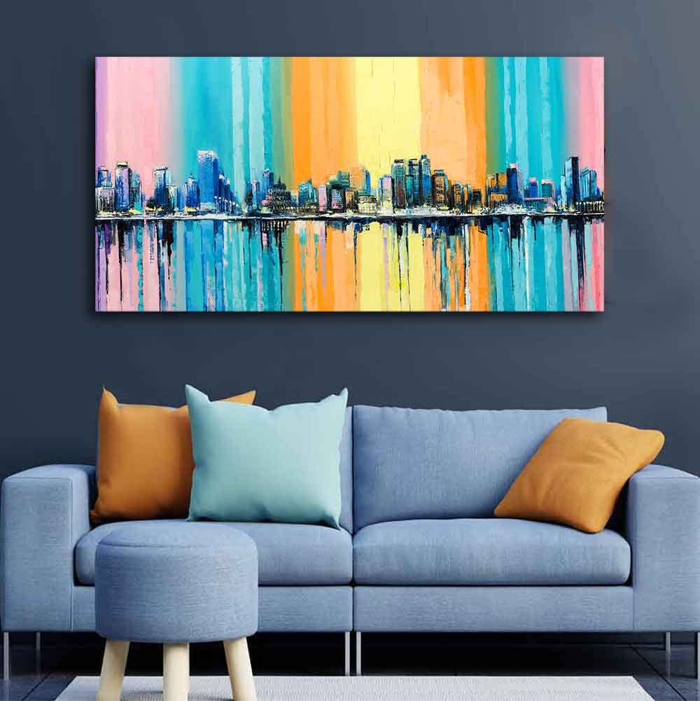 VIBECRAFTS A Fantasy Coastal city with a Rainbow Background Premium Canvas Wall Painting With Frame for Living Room Drawing Room Home|Office|Gift (PTVCH_2226N)