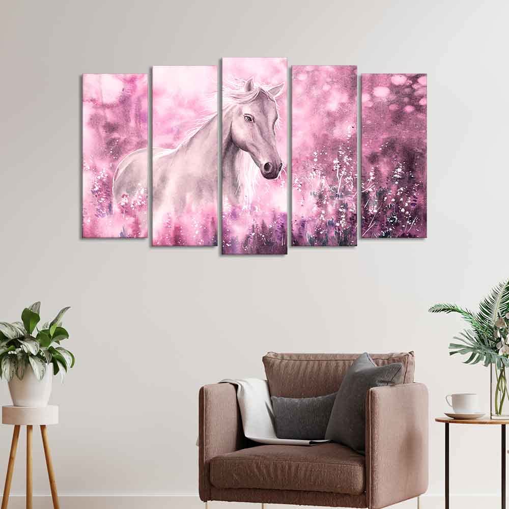 VIBECRAFTS Beautiful White Horse Premium Wall Painting of Five Pieces For Home|Office|Living Room|Gift (PTVC5Pcs2_6557)
