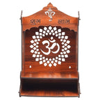 Wooden Pooja Mandir for Home, Pine Wood Temple, Decorative Hindu Mandir with Storage Shelf for Puja Room & Living Room Decor (32X26X20 Cms, Natural Wood Brown, Om)