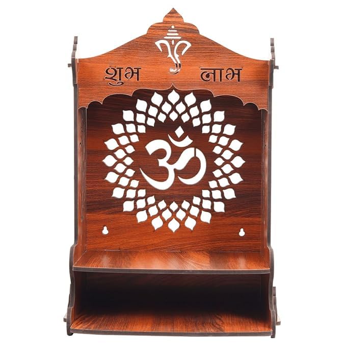 Wooden Pooja Mandir for Home, Pine Home Temple with Spacious Shelf, Hindu Mandir, Mini Pooja Temple for Home Decor, Living Room & Office 32 x26x20 cms (Natural Wood Brown, 32 X 26 X 20 Cms, Om Design)