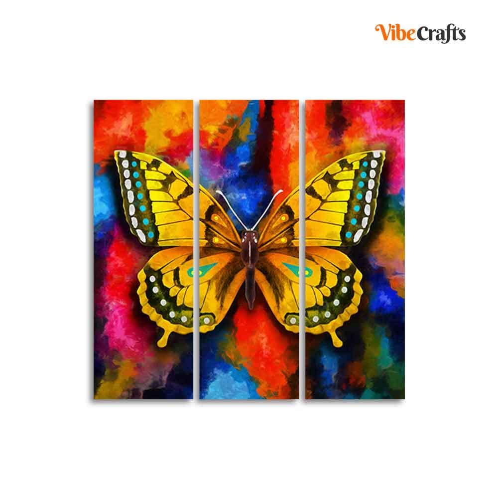VIBECRAFTS 3 Pieces Beautiful Butterfly Canvas Wall Painting Fitted With Wooden Frame For Home | Office | Living Room | Gifts (PTVC3Pcs1_9519)