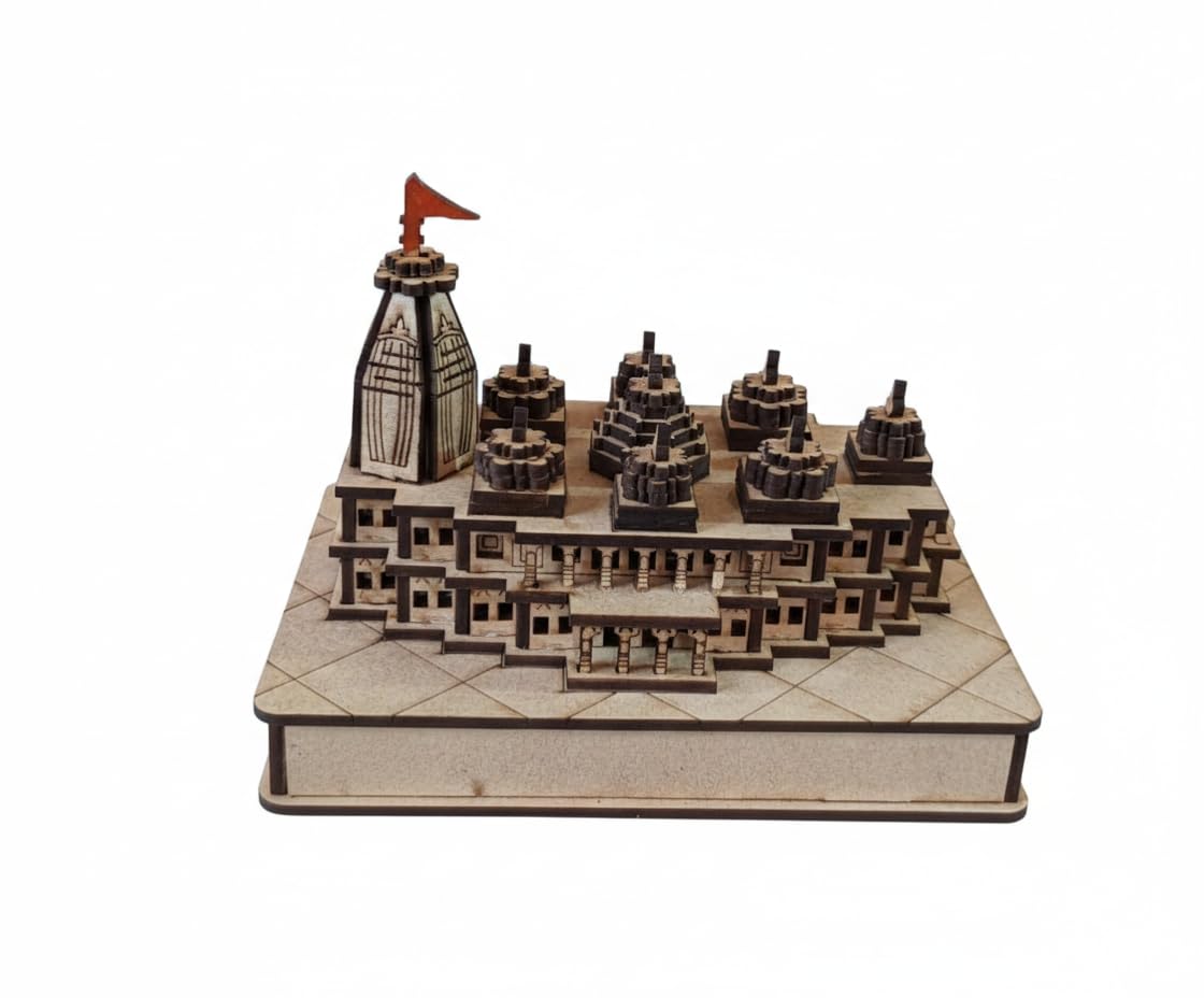 Prem Mandir Wooden Model, 3D Temple Replica with Intricate Architecture and Flag (Pack of 1)