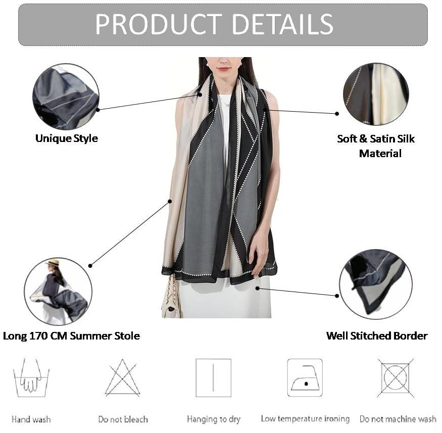 Alexvyan Satin Silk Summer Scarves 170 x 84 cm, Black & Grey Colour with Stitched Border, Lightweight Fashion Scarf for Women Sun Protection Stole