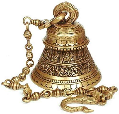 ARTVARKO Ethnic God Lord Vishnu Ghanta Dashavtar Engraved On Brass Metal Hanging Bell with Chain Big Ghanti for Mandir Pooja Home Décor Gift Door