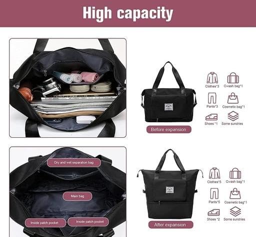 Viyaro Polyester Foldable Tote Bag | Expandable Design with Dry & Wet Separation, Waterproof Fabric, Multiple Pockets with Zipper & Lightweight Shoulder Carrying Comfort | Convenient Choice—Black