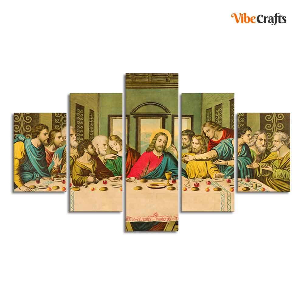 VIBECRAFTS Homcraft The Last Supper of Christ in Church Wall Painting of Five Pieces For Home|Office|Living Room|Gift (PTVC5Pcs1_5547)
