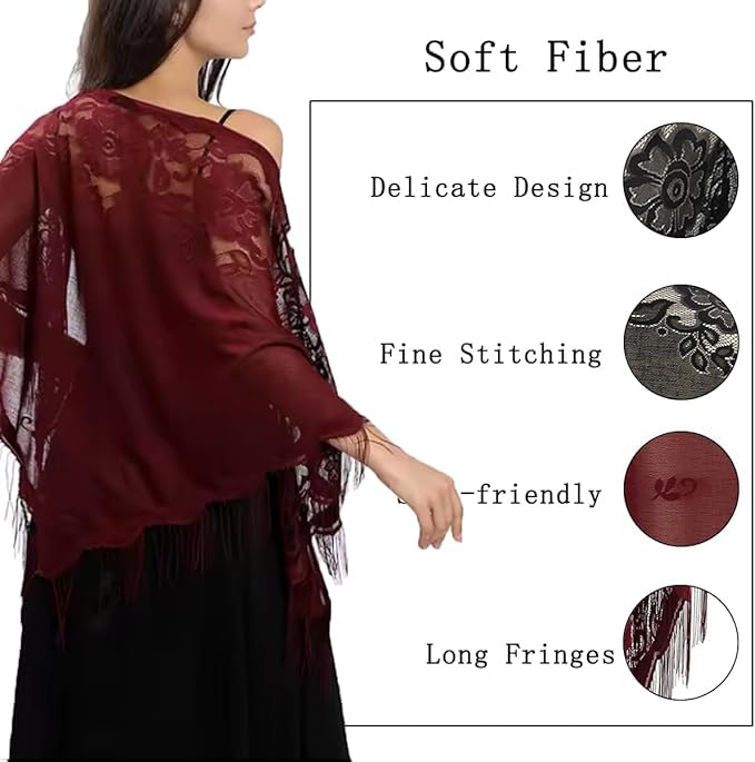Alexvyan Floral Design Triangle Lace Stole and Wraps for Evening Dresses with Tassels for Evening Party Mesh Wedding Shawls for Summer (Wine Red)