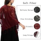 Alexvyan Floral Design Triangle Lace Stole and Wraps for Evening Dresses with Tassels for Evening Party Mesh Wedding Shawls for Summer (Wine Red)