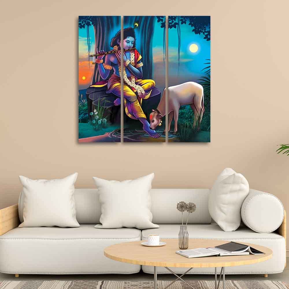 VIBECRAFTS 3 Pieces Shri Krishna Canvas Wall Painting Fitted With Wooden Frame For Home | Office | Living Room | Gifts (PTVC3Pcs1_9512)