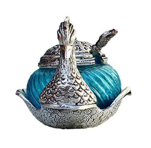 Prince Home Decor & Gifts Metal Home Decor Duck Shape Sky Blue Colored Glass Bowl Tray Set (Silver Blue SP)