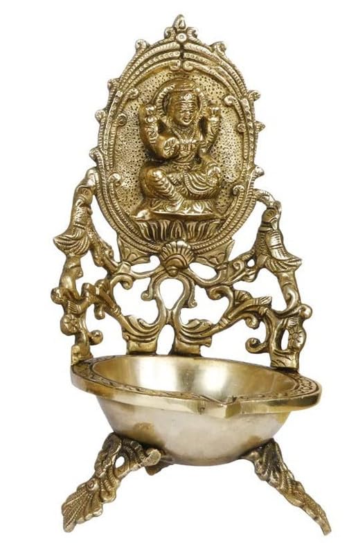 Svarup 11 Inch Gold Color Brass Laxmi Diya Oil Lamp: Ideal for Temple Aarti, Deepak Pooja, and Jyot Lighting