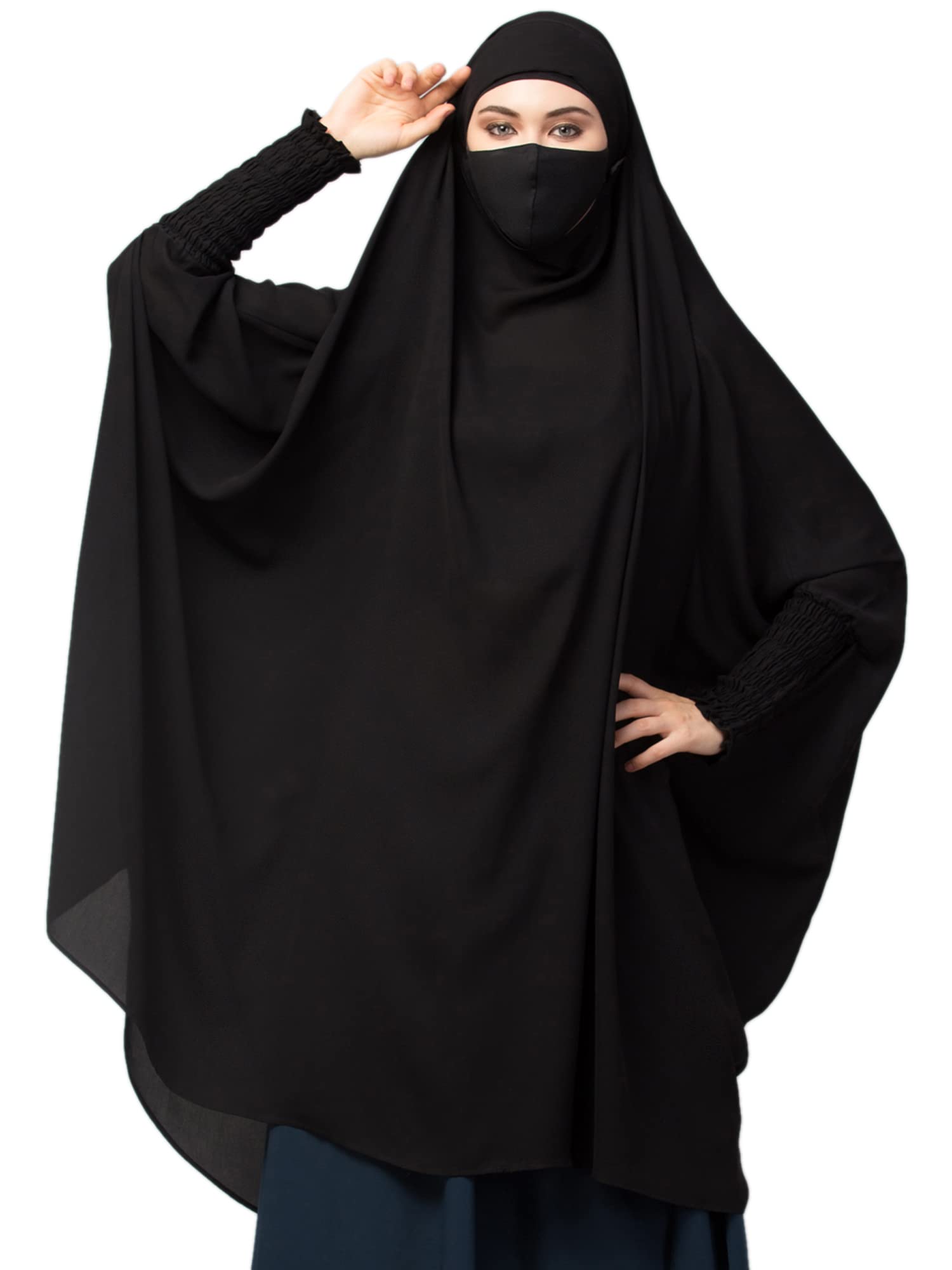 Bashariya Female Polyester Khimar-Long Prayer Headwrap Hijab With Mouth-Piece (Black)