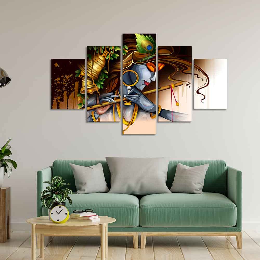 VIBECRAFTS Shree Krishna Playing Bansuri 5 Pieces Premium Wall Painting For Home|Office|Living Room|Gift (PTVC5Pcs1_5506)