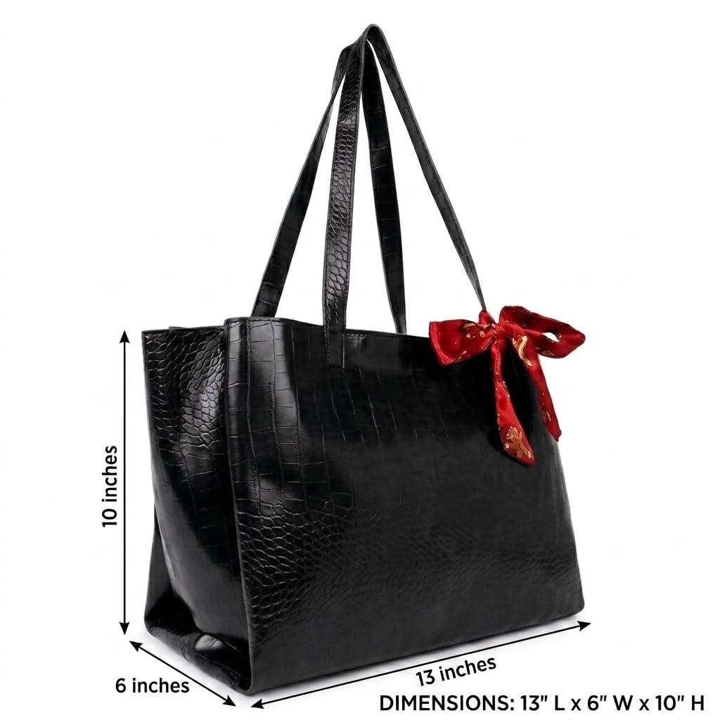DANIEL CLARK Large Crocodile Texture Tote Bag |PU Leather Shoulder Handbag for Office, Shopping & Travel Handbag with ribbon scarf for Women & Girls (Black)