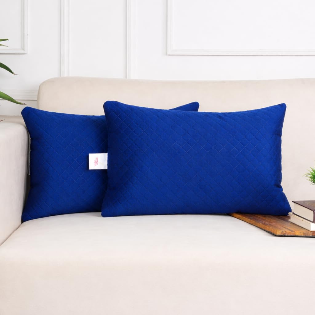 STITCHNEST Quilted Velvet Cushion Covers Set of 2 | Soft Blue | 12x18 Inches | Premium Sofa & Living Room Décor