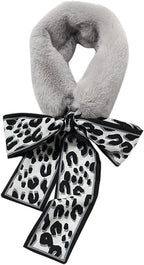 THE DDS STORE Winter Women Faux Fur Collar Leopard Print Scarves Plush Wrap Korea Bow Tie Neck Warmer Formal Party Shawl (Grey)