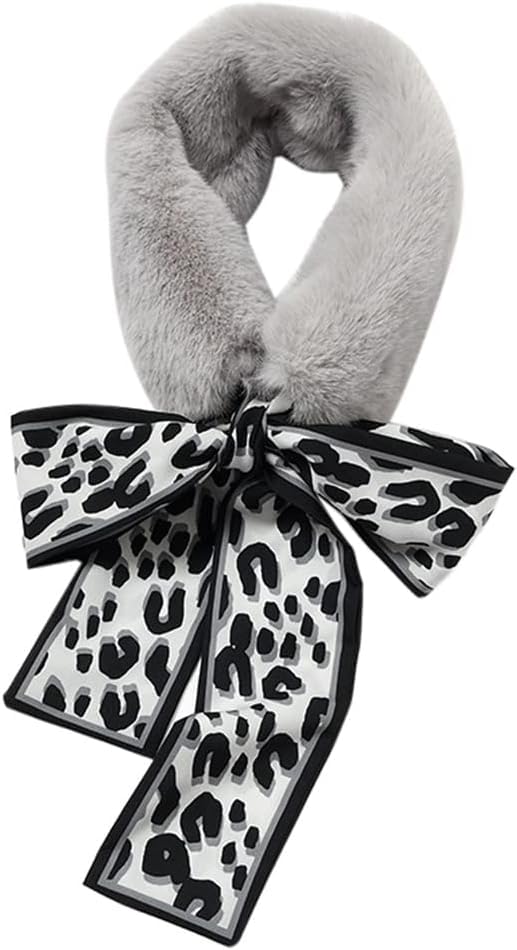 THE DDS STORE Winter Women Faux Fur Collar Leopard Print Scarves Plush Wrap Korea Bow Tie Neck Warmer Formal Party Shawl (Grey)