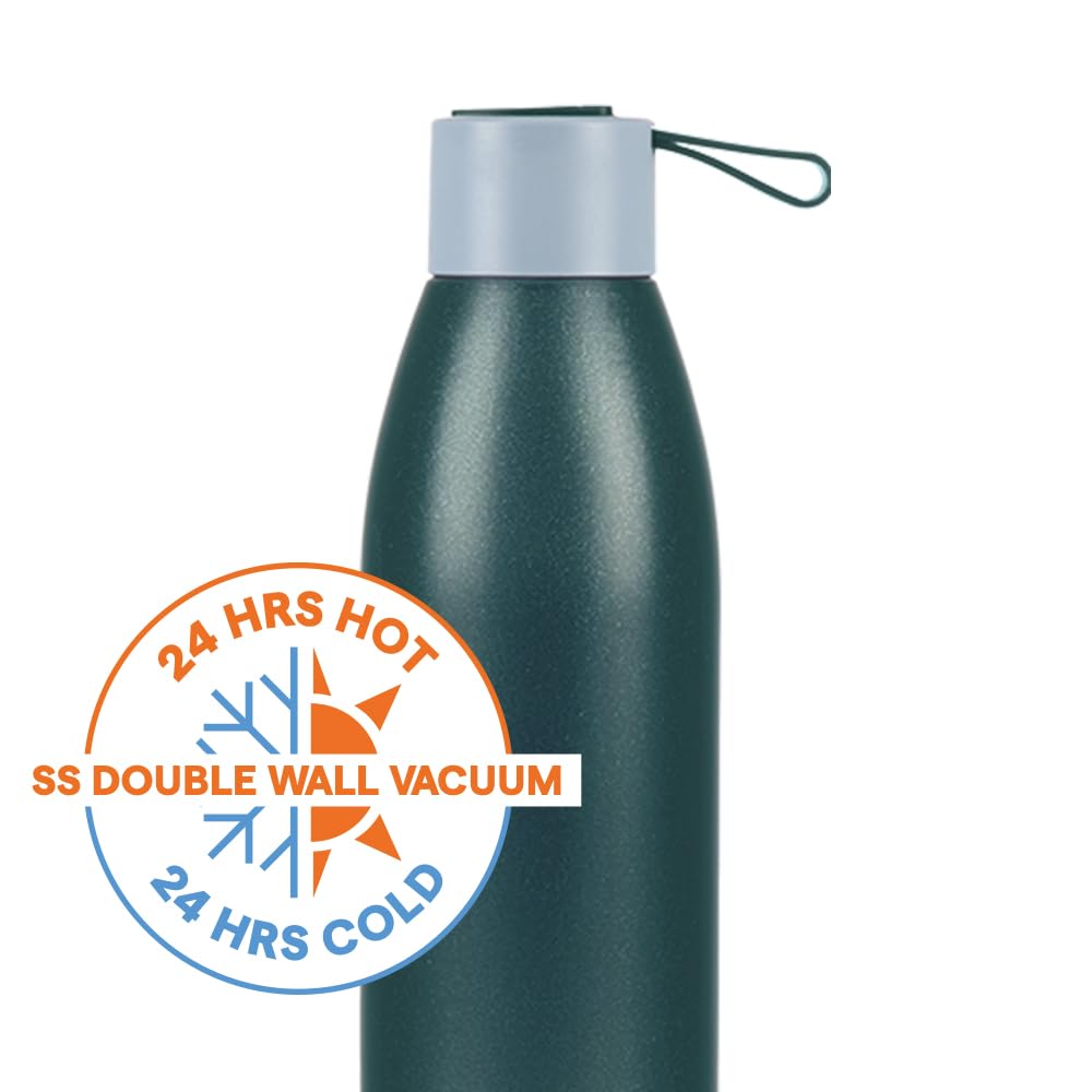 Borosil Hydra 750ml Duomate Green Stainless Steel Bottle | 24 Hours Hot and Cold Double Wall Vacuum Insulated with Copper Coating | 1 Year Warranty