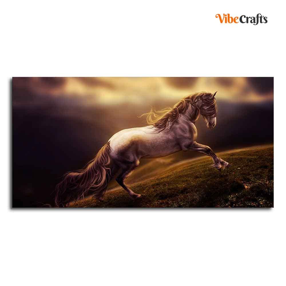VIBECRAFTS Canvas Paintings for Living Room Drawing Room White Horse With Golden Hair Premium Canvas Panoramic Wall Painting Fitted With Wooden Frame for Home | Office | Gift (PTVCH_2336)