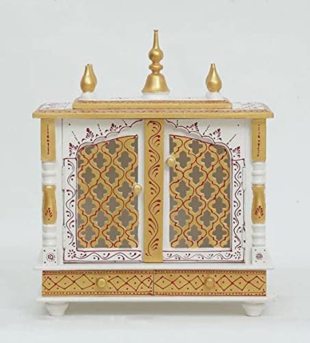 Jodhpur Handicrafts MDF Wood Home Temple Puja Mandir with Storage Wall-Mounted Wooden Mandir Traditional Wooden Pooja Temple (18 inch x 9 inch x 22 inch, White & Golden)