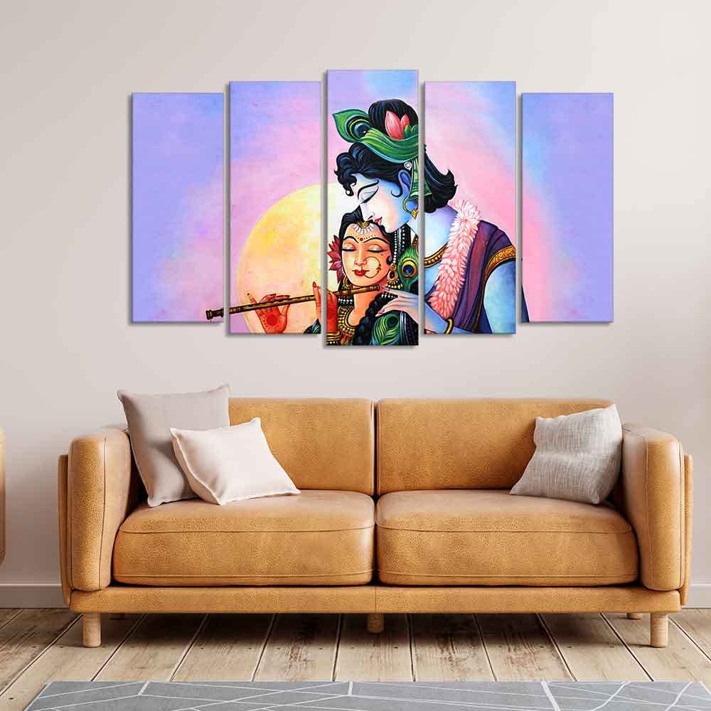 VIBECRAFTS Radha Krishna Canvas Wall Painting Set of Five Panels For Home|Office|Living Room|Gift (PTVC5Pcs2_6574)