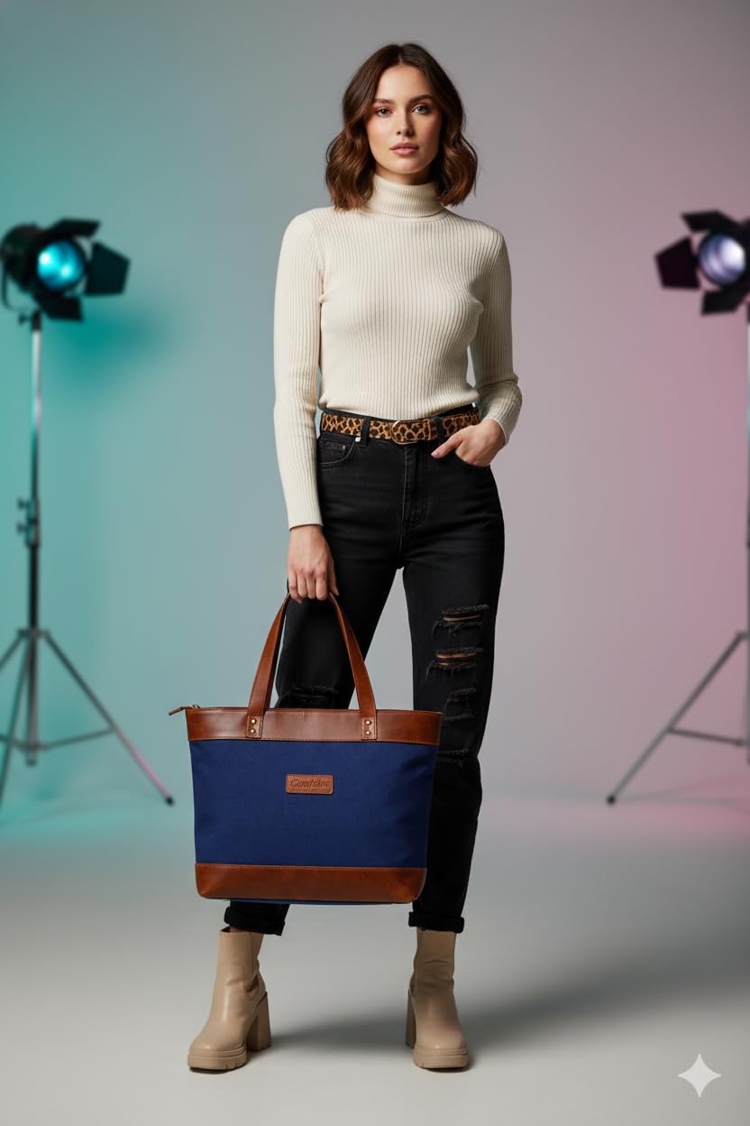 Comfabie tote Bag for Women Handcrafted Women's Canvas Bag with pure Leather Shoulder Tote Bag & Handbag for Office and College | Women Office Bag for Ladies | Ladies Purse Handbag (Blue)