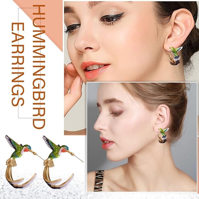 El Regalo Colorful Hummingbird Stud Earrings – Hand-Painted Enamel Bird Hoop Studs for Women & Girls | Elegant Nature-Inspired Fashion Jewelry