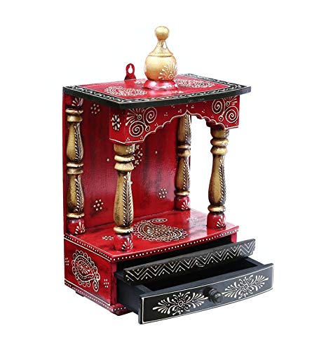 CRAFT TREE Wooden Pooja Mandir Without Door | Solid Wooden Pooja Mandir For Puja Room (Red), 9 Inch, 16 Inch