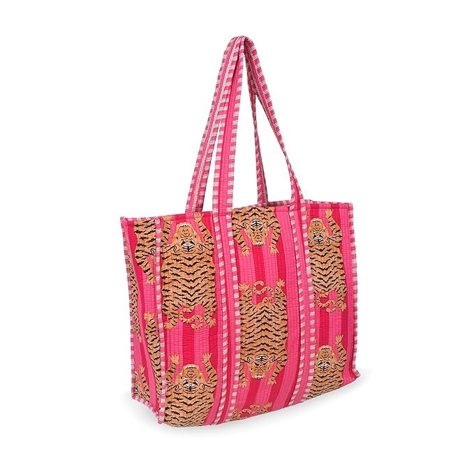 DecorAvenue Quilted Premium Cotton Printed Reversible Tote Bag Grocery Shopping Bag Travel Bags Carry Bag 18x15x5.5 Inch (Pink Cheetha)