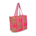 DecorAvenue Quilted Premium Cotton Printed Reversible Tote Bag Grocery Shopping Bag Travel Bags Carry Bag 18x15x5.5 Inch (Pink Cheetha)