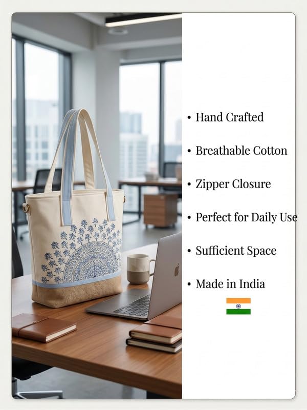 ABSTRACT INDIA Handcrafted Shoulder Tote Bag with Zipper Closure | Cotton Canvas Breathable fabric | Travel, Office, College & Daily Use Tote Bag for Women