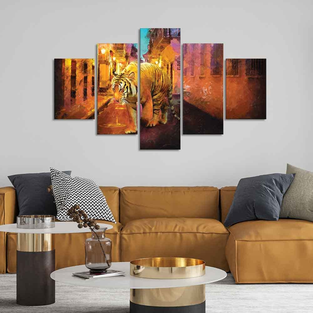 VIBECRAFTS Abstract Art Tiger Walking on Street Canvas Wall Painting of Five Pieces For Home|Office|Living Room|Gift (PTVC5Pcs1_5546)