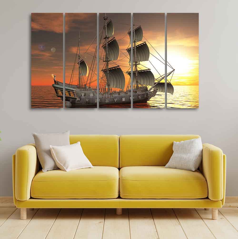 VIBECRAFTS Ship In The Sea 5 Pieces Canvas Wall Painting For Home | Office | Living Room | Gift (PTVC5Pcs4_8513)