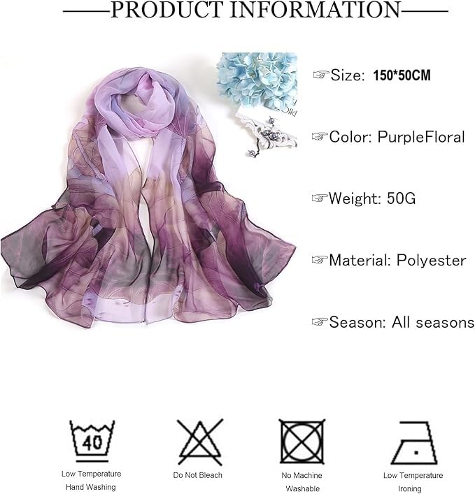 Alexvyan Purple Floral Chiffon Summer Scarves 150 x 50 cm, Light Weightwith Stitched Border, Lightweight Fashion Scarf for Women Sun Protection Stole