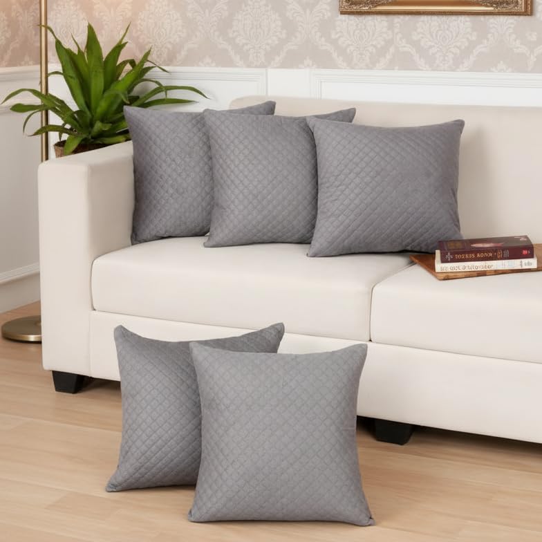STITCHNEST Quilted Velvet Cushion Covers Set of 5 | Soft Grey | 18x18 Inches | Premium Sofa & Living Room Décor