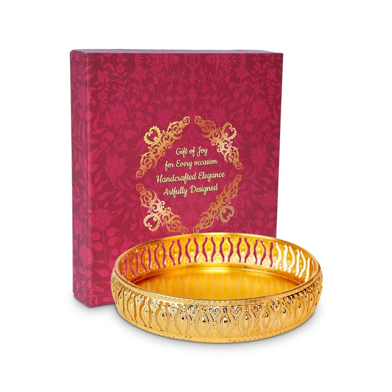 R Ayurveda Copper German Silver Golden Tray (6-Inch) – Decorative Gift for Diwali, Wedding, Anniversary & Festivals | Includes Gift Box for Wedding,Housewarming,Birthday,Gathering retrun Gift